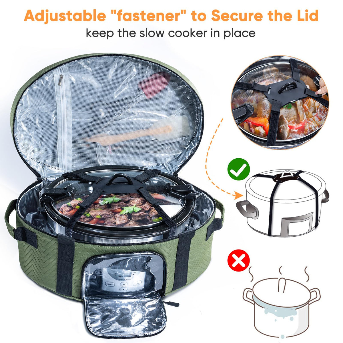 BAGSPRITE bag includes inner top and back pockets for utensils and cookbooks.