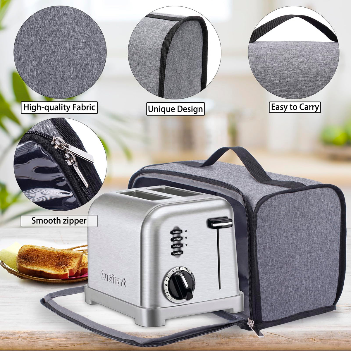 BAGSPRITE toaster cover base side view fits Cuisinart 2-slice models