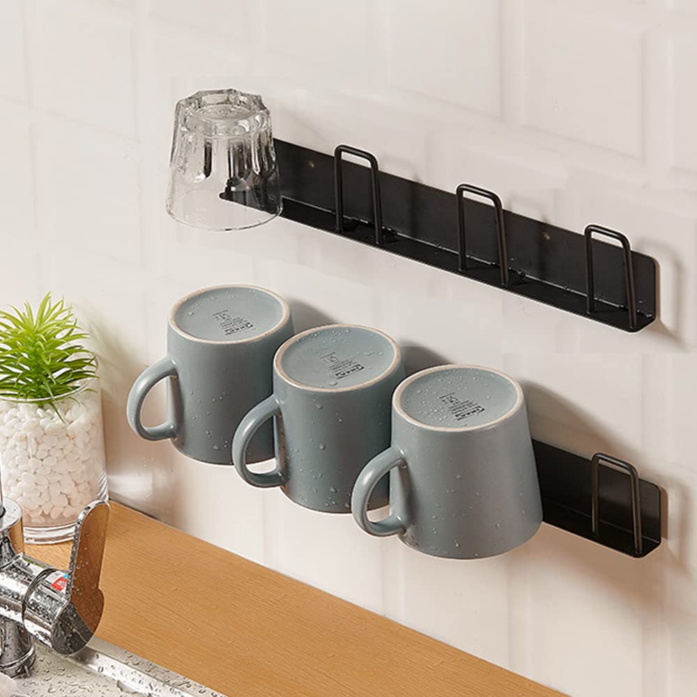 BAIEUEJO two-piece wall-mount mug rack, no-drill installation for space-saving kitchen organization.