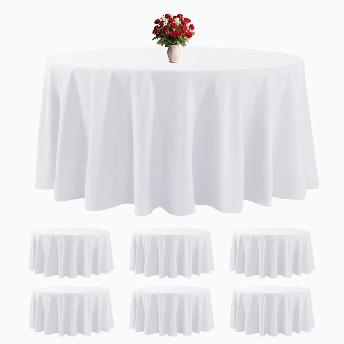 Bailarina 6-pack white round tablecloth 120in keeps surfaces polished for events.