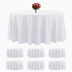 Bailarina 6-pack white round tablecloth 120in keeps surfaces polished for events.