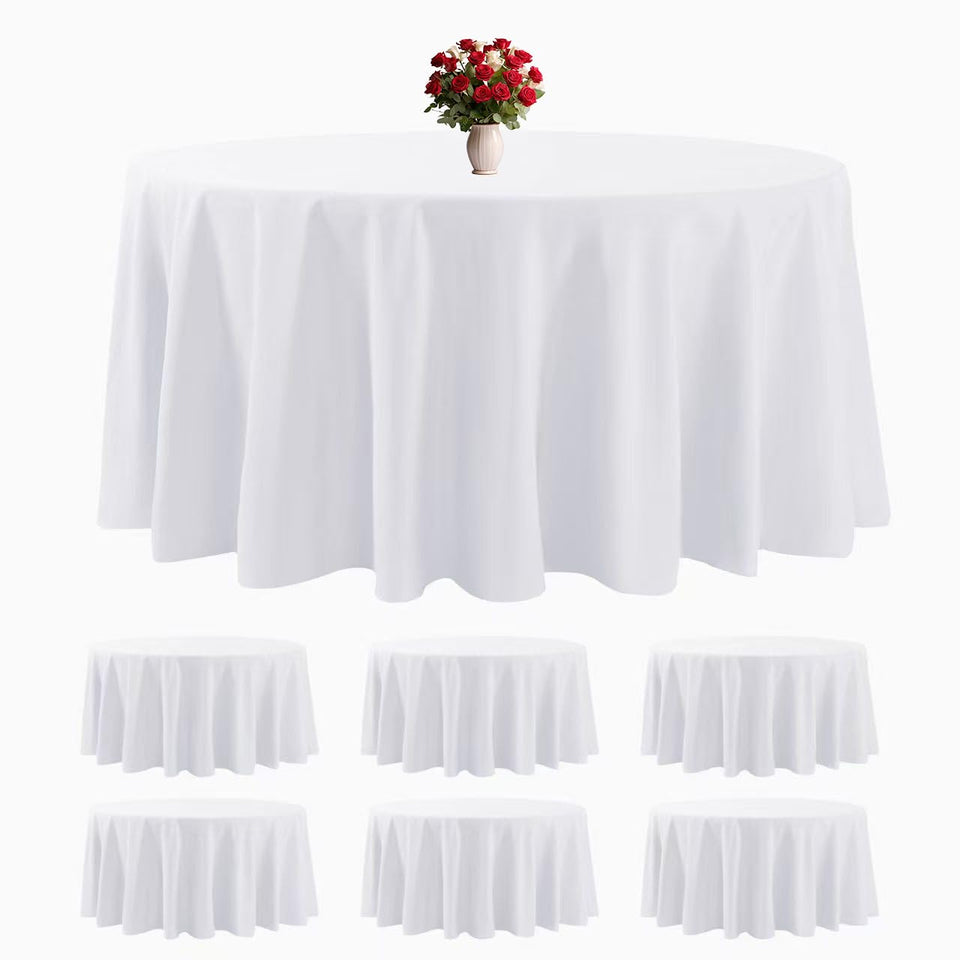 Bailarina 6-pack white round tablecloth 120in keeps surfaces polished for events.