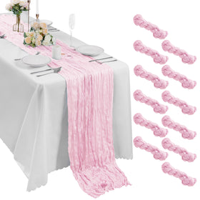 Bailarina pink cheesecloth table runner with wrinkle texture, perfect for elegant wedding tables.