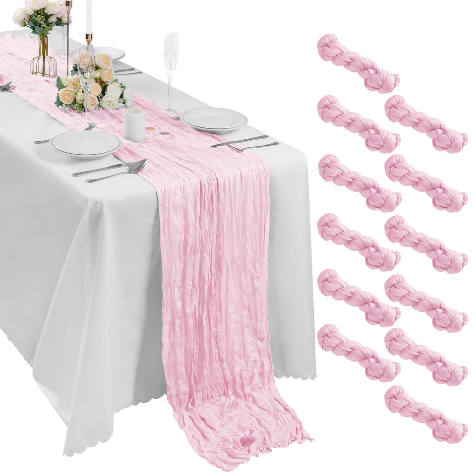 Bailarina pink cheesecloth table runner with wrinkle texture, perfect for elegant wedding tables.
