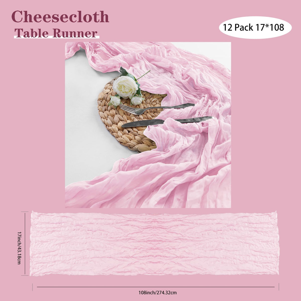 Bailarina pink sheer runner complements chairs sashes and party decor.