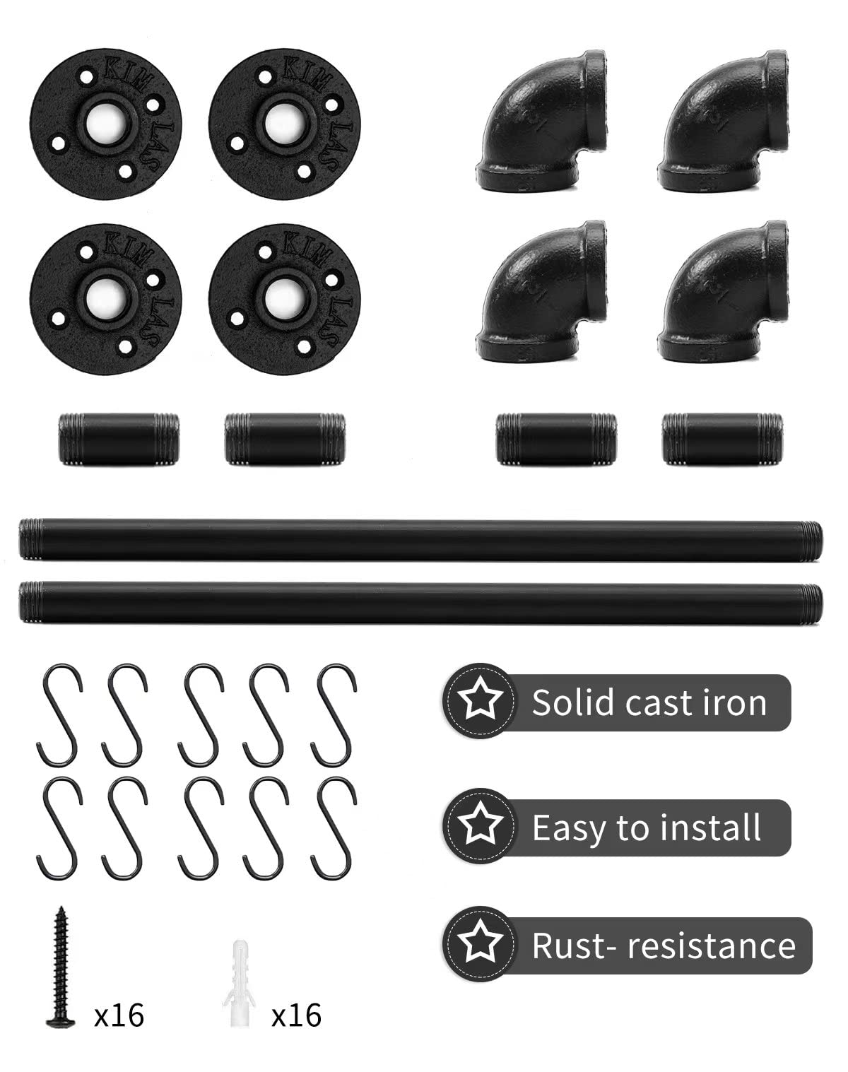 Bailoo black iron pipe kitchen rack for pots and lids, compact and sturdy.