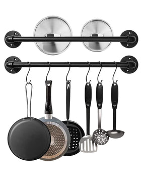 Bailoo industrial pipe pot rack on wall with 14 S hooks for extra kitchen storage.