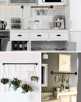 Bailoo pots, lids, and utensils hanging on a practical rail system.