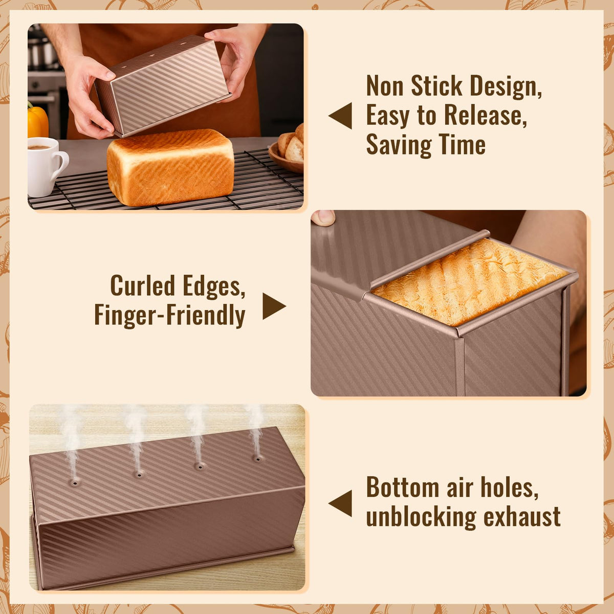 Bottom vent holes on Baishun pan promote even baking and golden crust