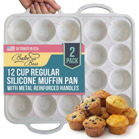 BAKE BOSS 12-cup muffin pan with metal frame provides stable, spill-free baking.