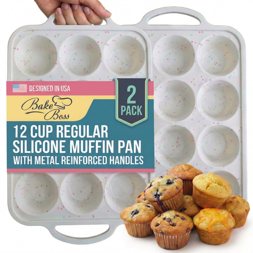 BAKE BOSS 12-cup muffin pan with metal frame provides stable, spill-free baking.