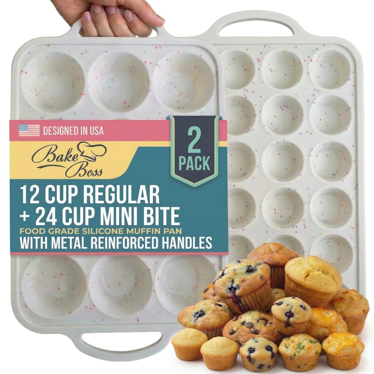 BAKE BOSS 2-pack silicone muffin pan 12-cup regular, ideal for batch baking and easy release.