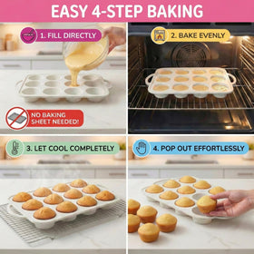 BAKE BOSS cream-colored pans ideal for space-saving storage and easy cleanup.