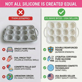 BAKE BOSS naturally nonstick silicone surface releases muffins without liners or greasing.