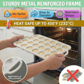 BAKE BOSS silicone muffin pan with metal-reinforced frame prevents bending during transfer.