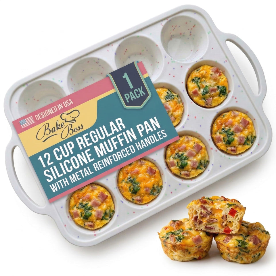 BAKE BOSS silicone muffin pan with metal reinforcement for stable, spill-free baking.