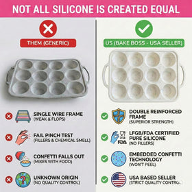 BAKE BOSS muffin pan showing pinch-test color stability and silicone quality.
