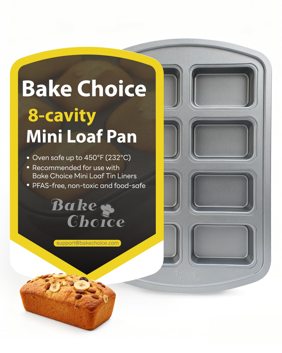 Bake Choice eight-cavity mini loaf pan demonstrates efficient portioning for batch baking.