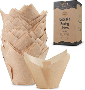 Bake Choice natural jumbo tulip liners in a box for organized baking