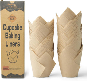 Bake Choice tulip liners packaging shows eco-friendly unbleached parchment for party desserts