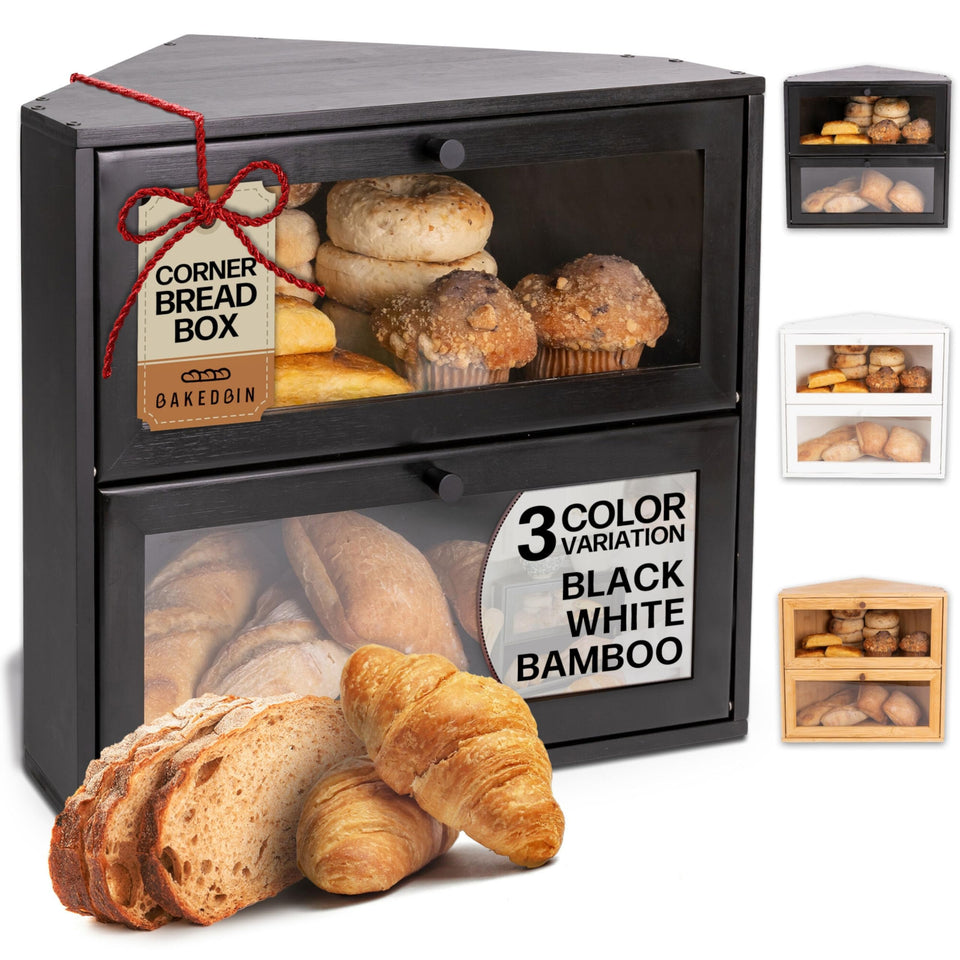 BakedBin Corner Bread Box on countertop keeps loaves fresh and accessible.