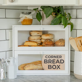 BakedBin corner bread box front view showing spacious double-layer storage for loaves