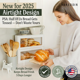 BakedBin corner bread box open drawer highlights easy access to fresh bread