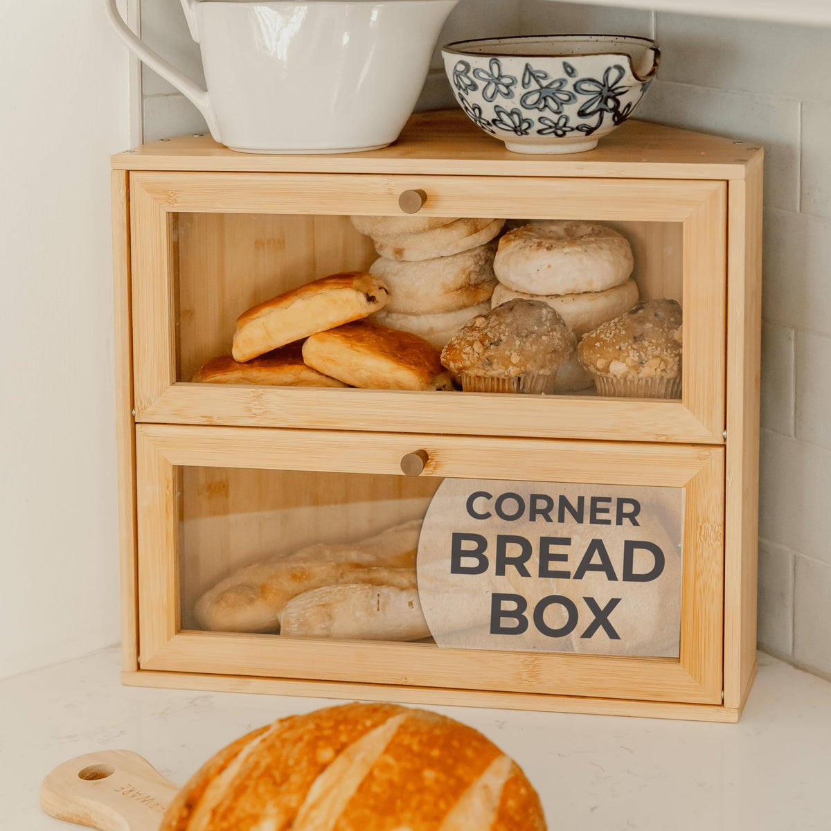 BakedBin corner-design bread box saves counter space for a tidy kitchen.