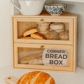 BakedBin corner-design bread box saves counter space for a tidy kitchen.