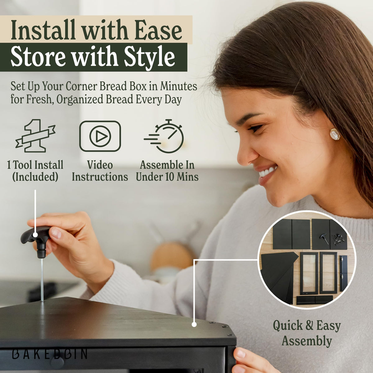 BakedBin easy-assembly tool included helps quick counter setup.
