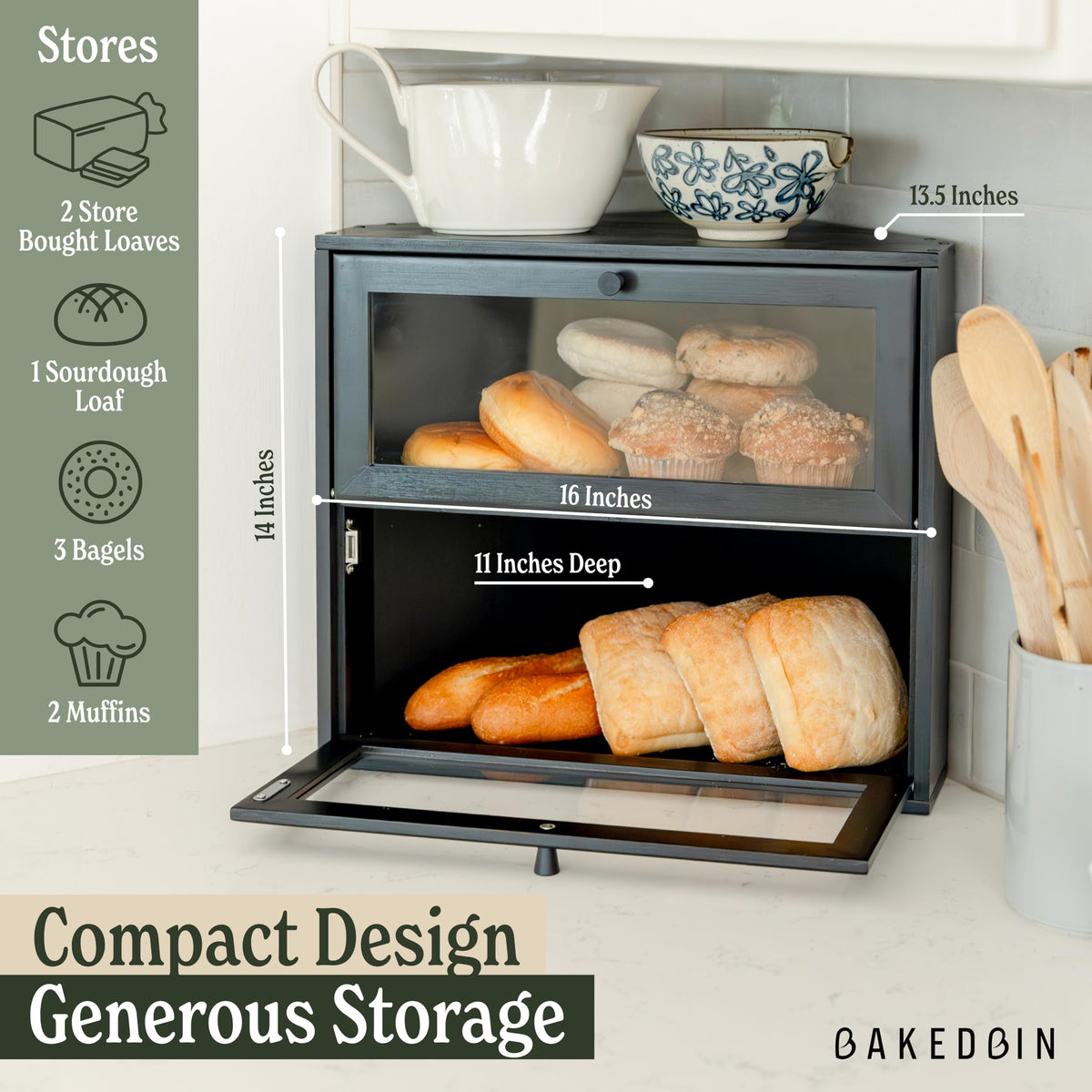 BakedBin space-saving corner design fits neatly in a kitchen corner.