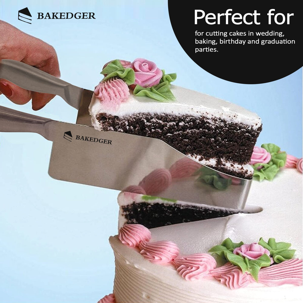 Bakedger cake knife slicer dishwasher-safe design allows quick cleanup.
