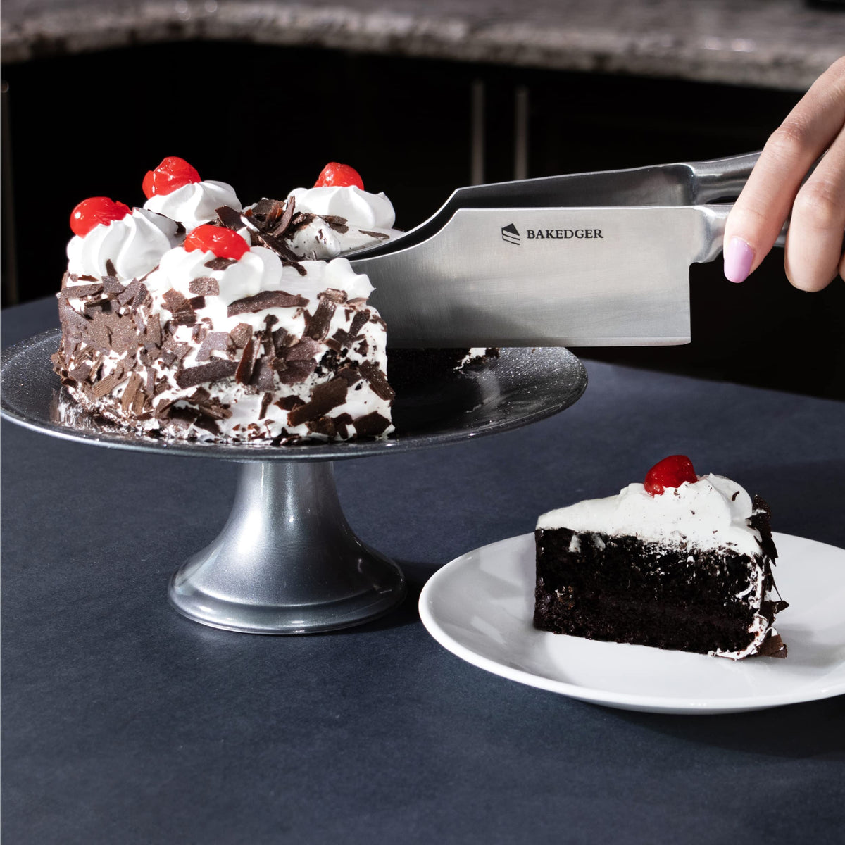 Bakedger cake knife slicer serving setup enables neat, even portions.