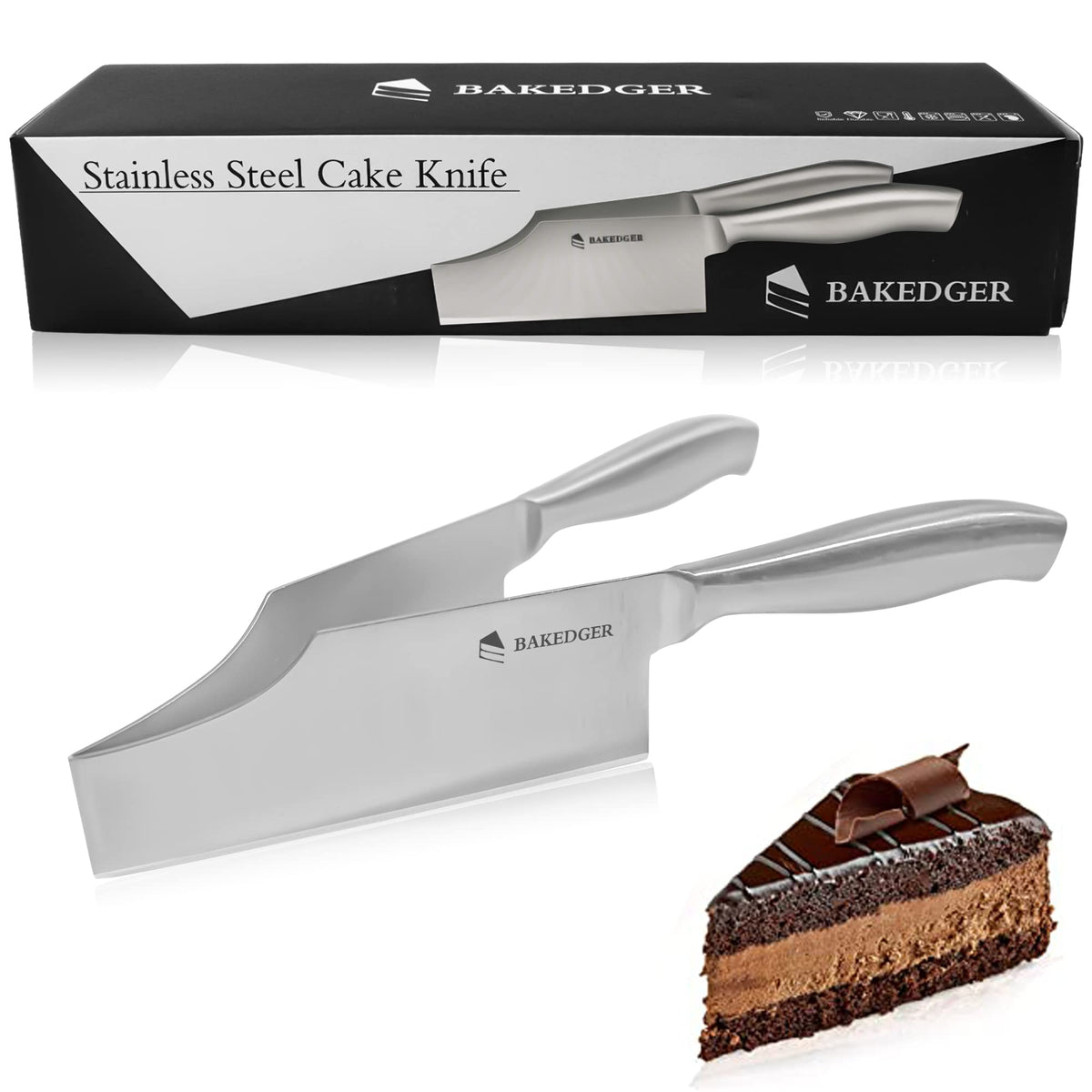 Bakedger cake knife slicer stainless lever closeup for clean, even slices.