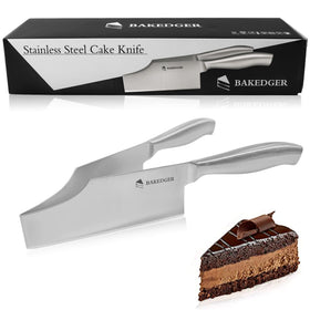 Bakedger cake knife slicer stainless lever closeup for clean, even slices.