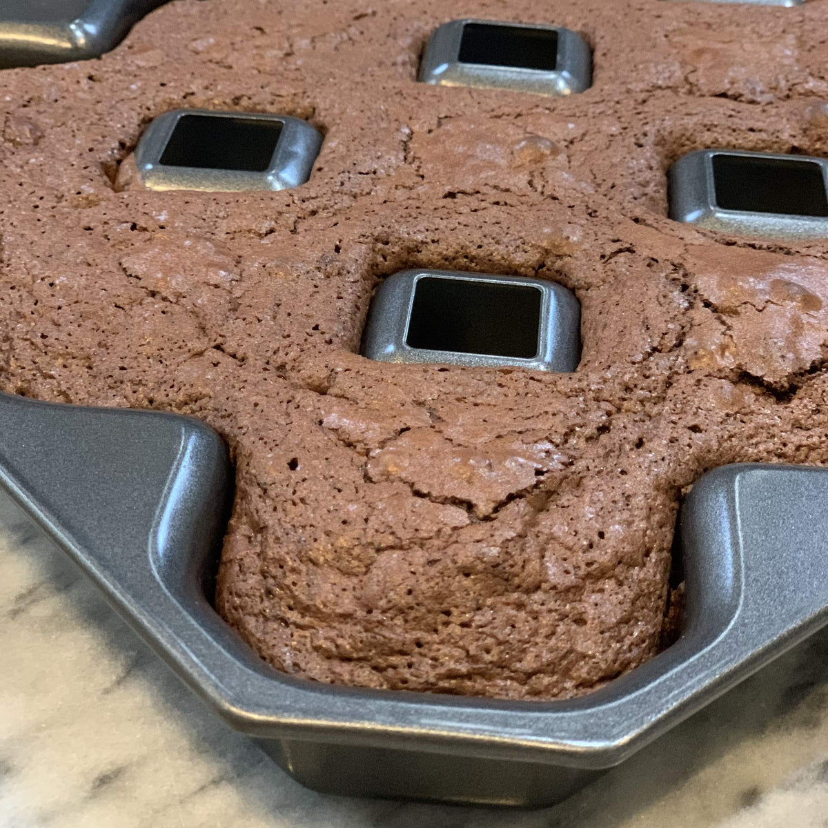 Brownies release cleanly from the Bakelicious pan after cooling