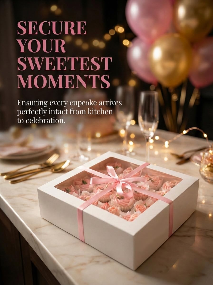Bakepacker includes pink ribbon rolls for decorative finish.