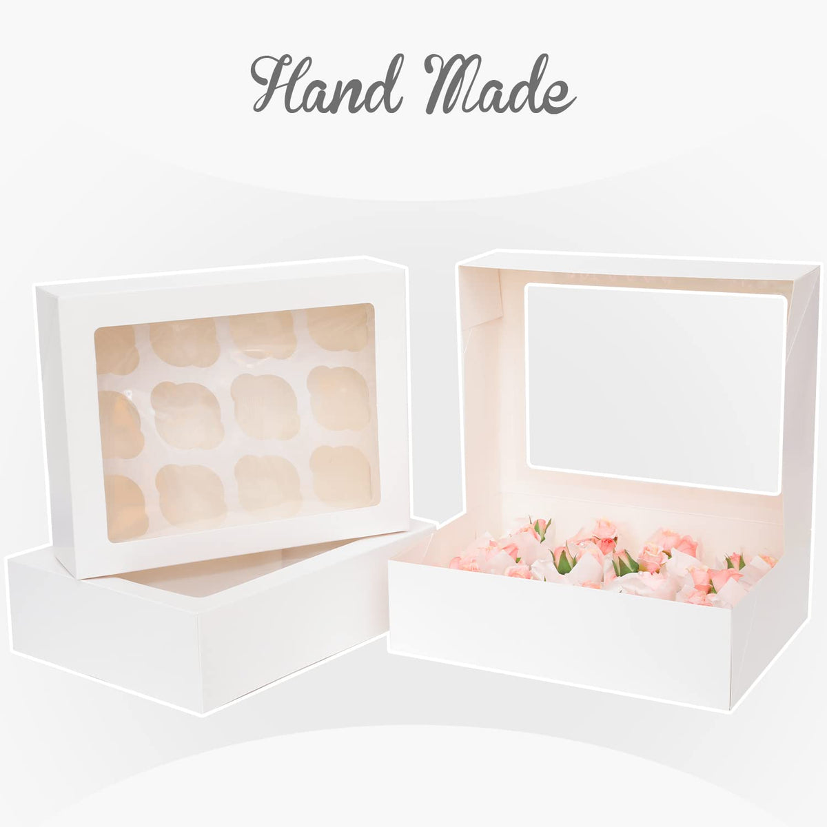Bakepacker white cupcake box with window on display ready for gifting.