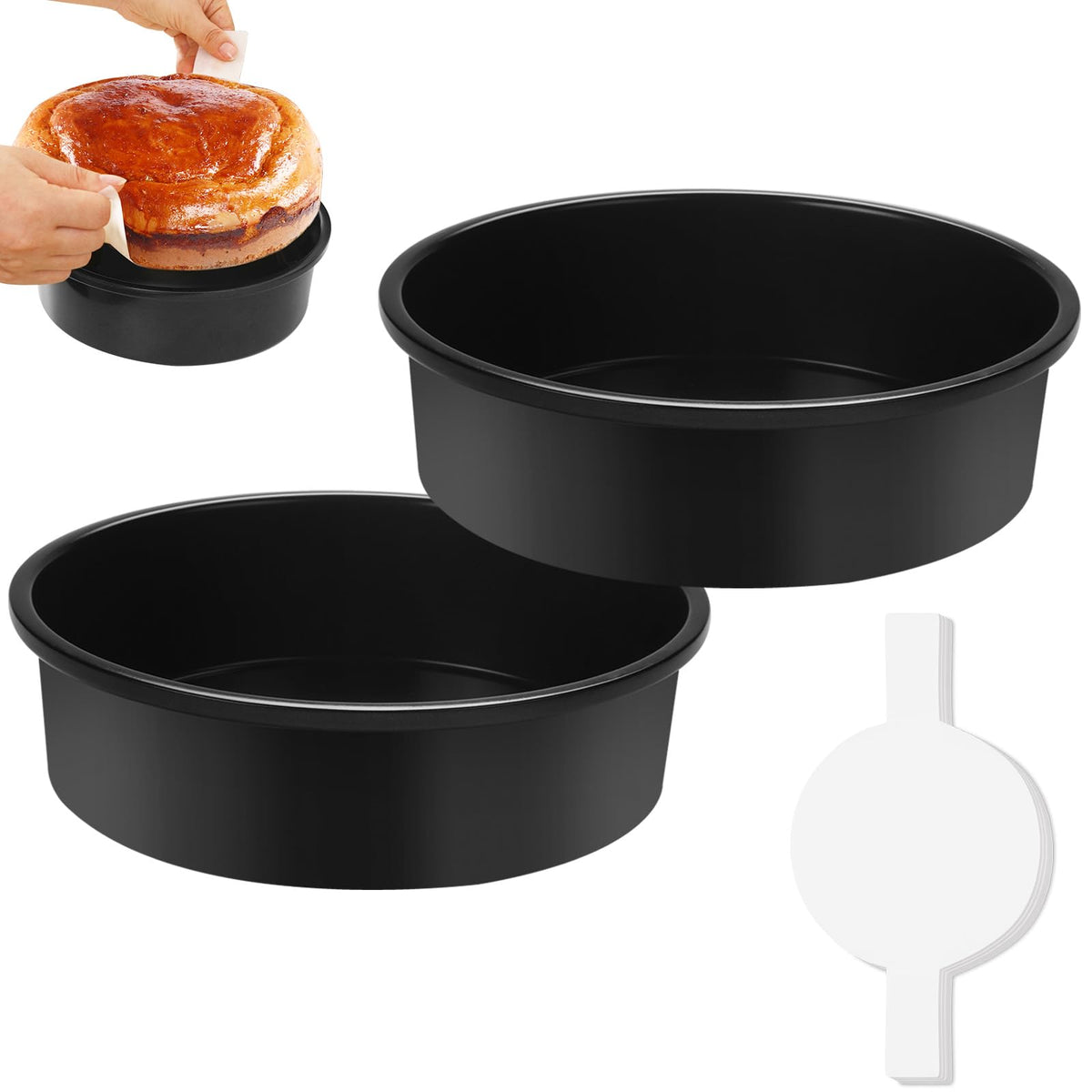 BakerChef 10-inch round cake pans on kitchen counter, ready for tall layer cakes.