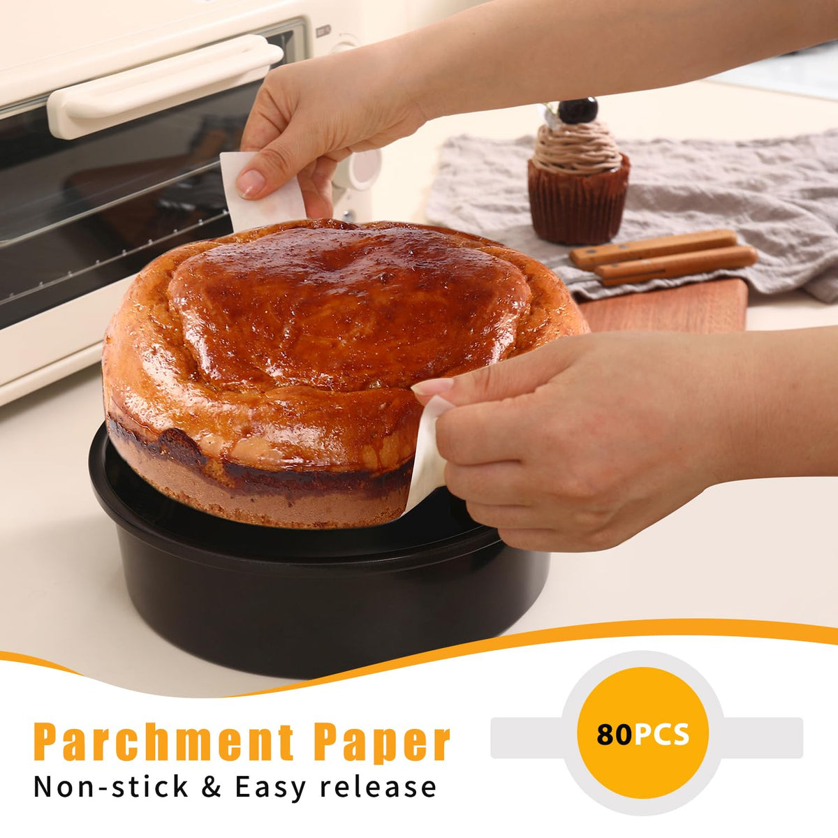 BakerChef parchment paper pack with 80 sheets for mess-free baking.