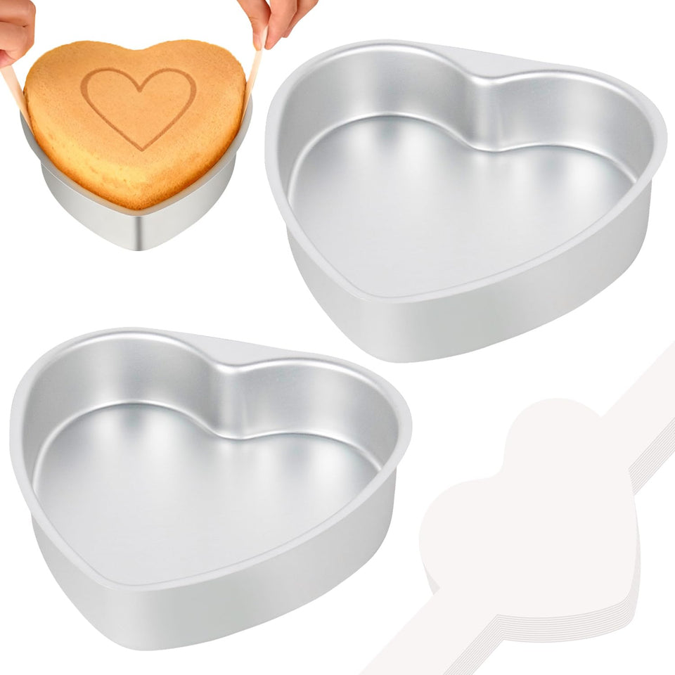 BakerChef 8-Inch Heart Cake Pan Set showing two pans for even baking and defined edges