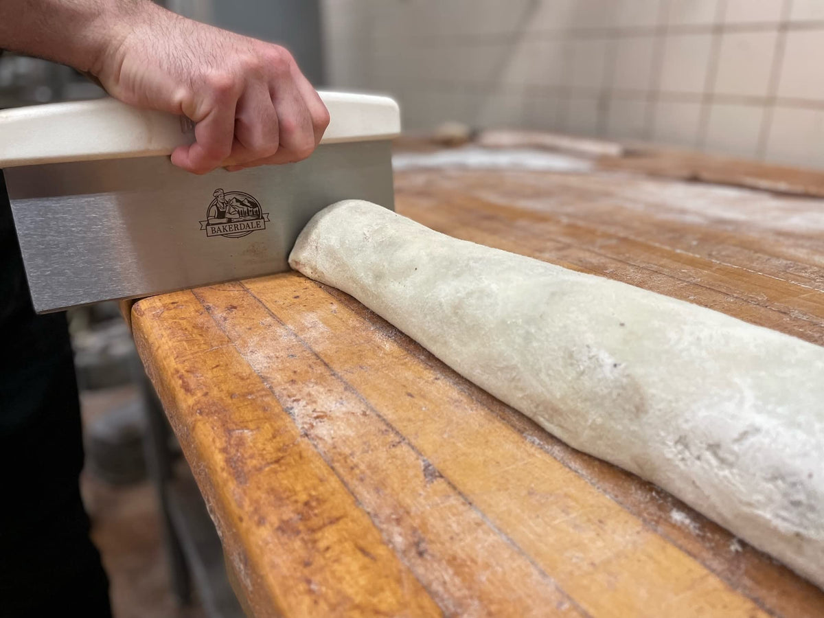 Bakerdale front-sharpened edge enables easy dough cutting and herb chopping.