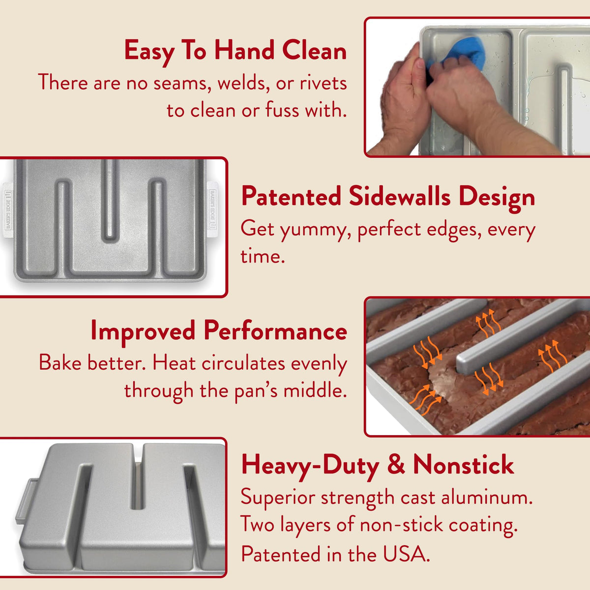 Baker's Edge oven-safe brownie pan handles high heat and broiling