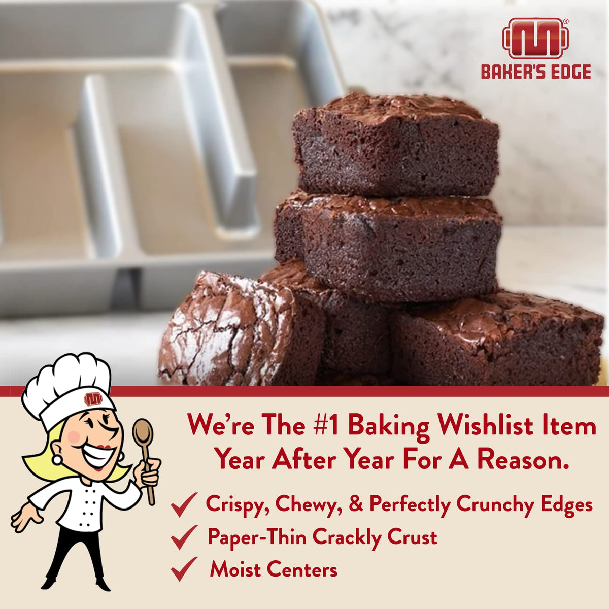 Baker's Edge pan demonstrates even-heat distribution for uniform brownies
