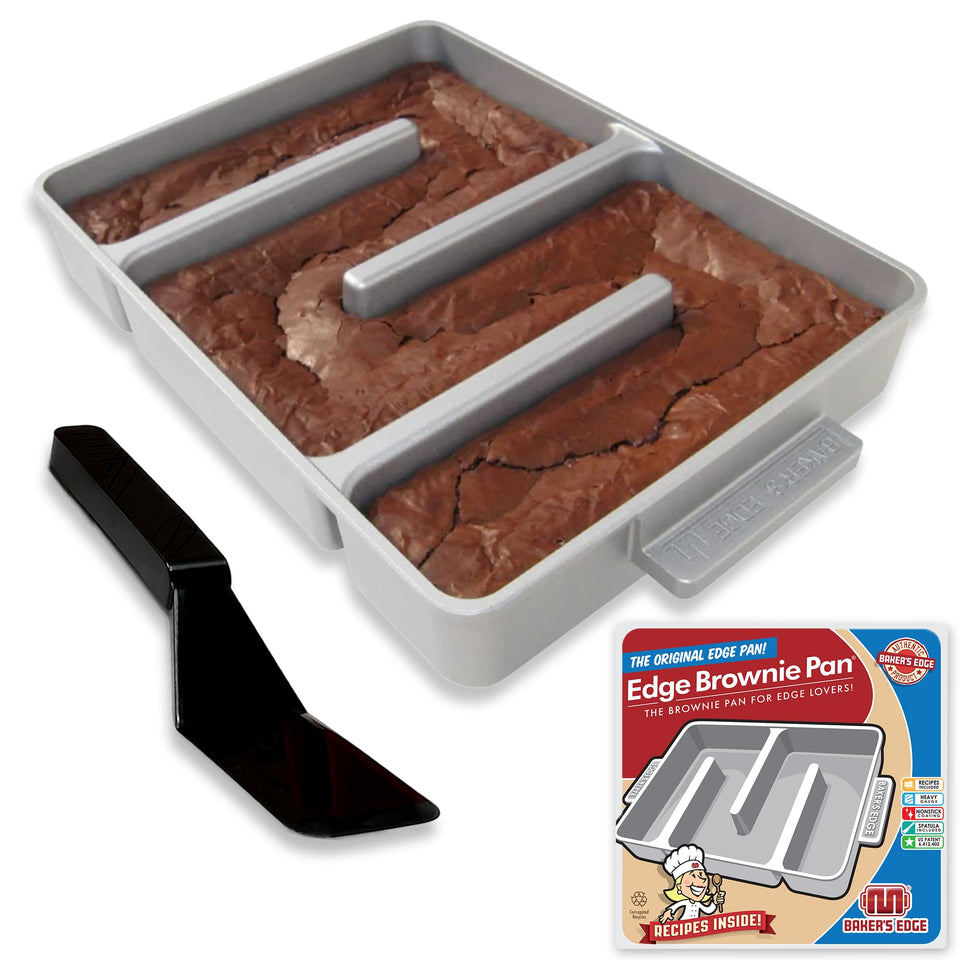 Baker's Edge original edge brownie pan shows crispy edge design for even browning