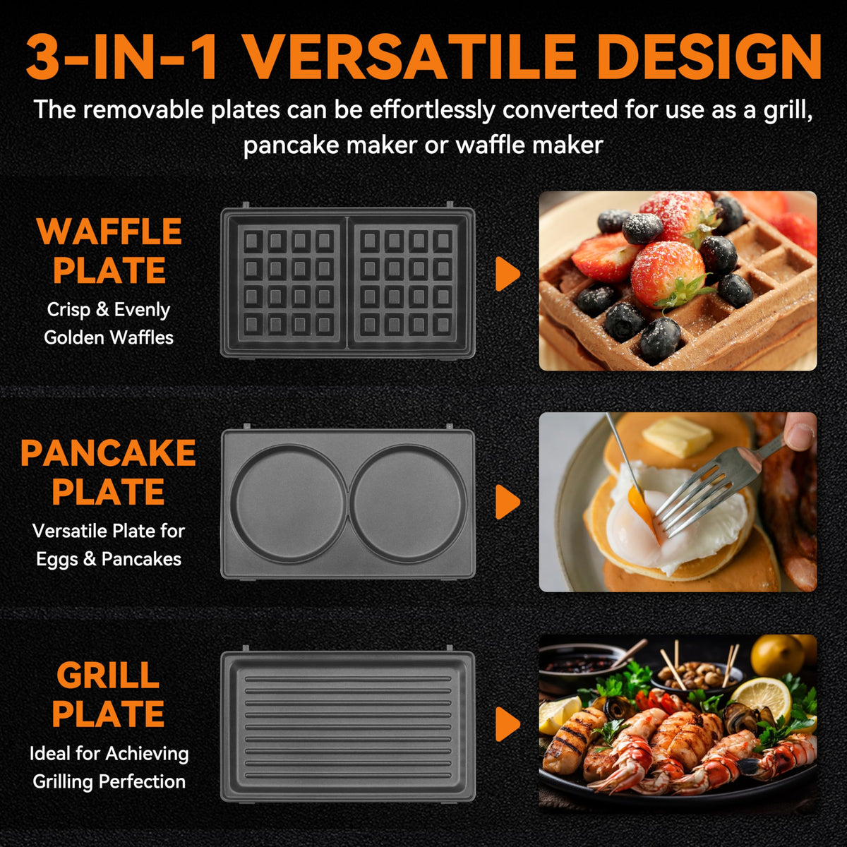 Baker's Friend 3-in-1 mini waffle maker features a cool-touch handle for safe use.