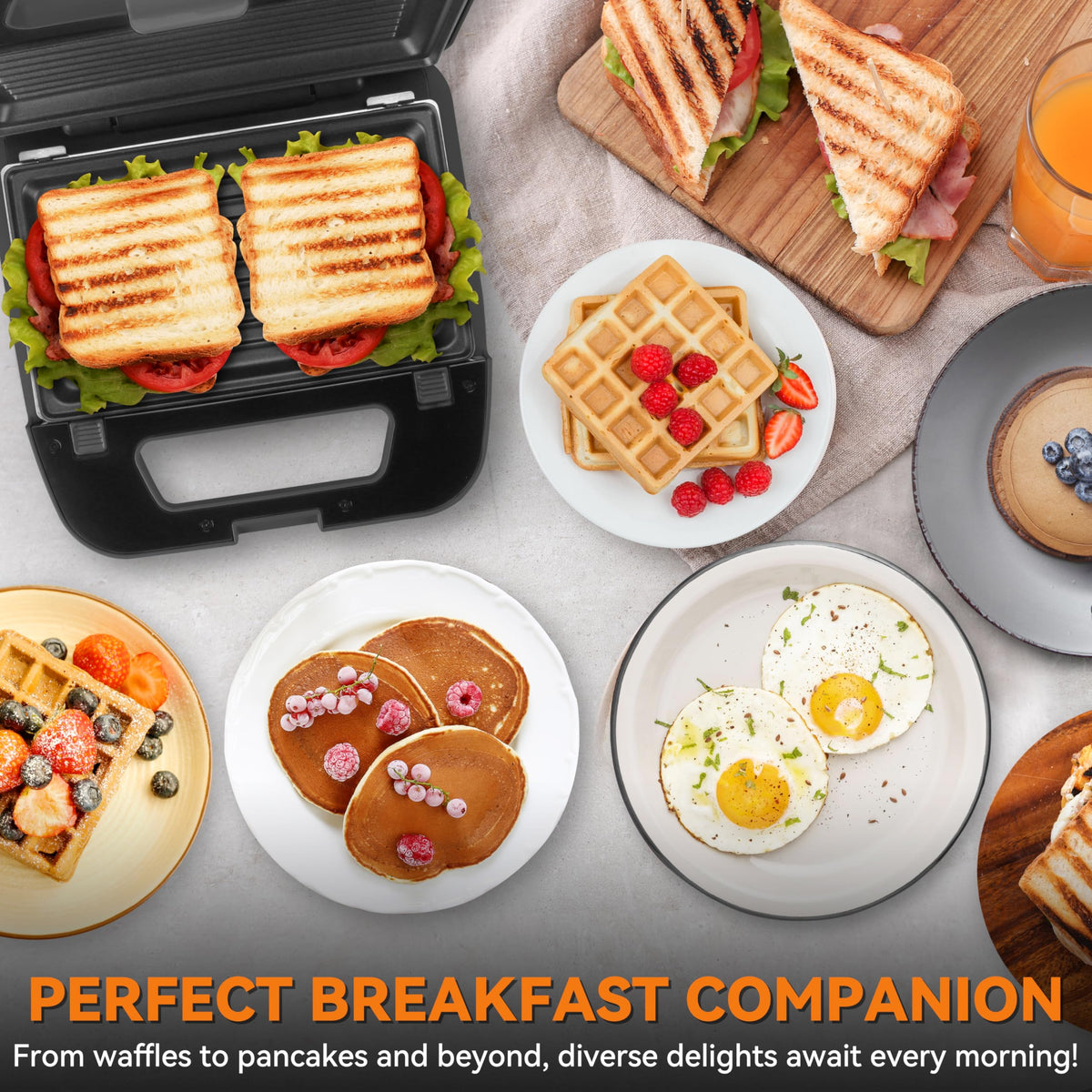 Baker's Friend 3-in-1 mini waffle maker with dual plates for waffles and pancakes.