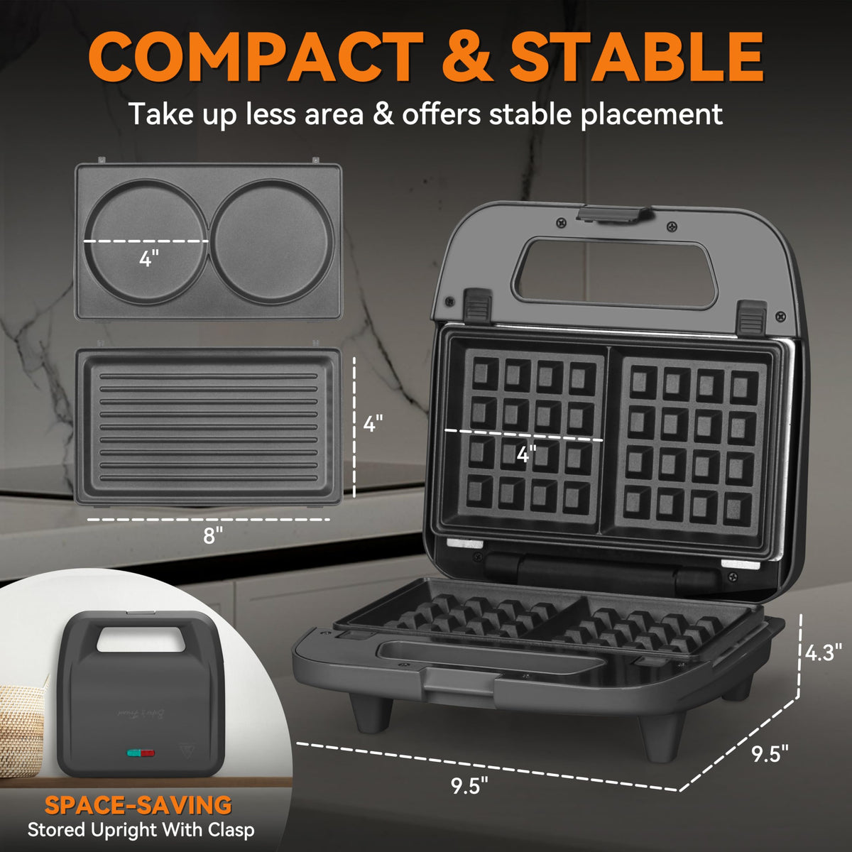 Baker's Friend 3-in-1 mini waffle maker has non-stick coating for easy cleanup.