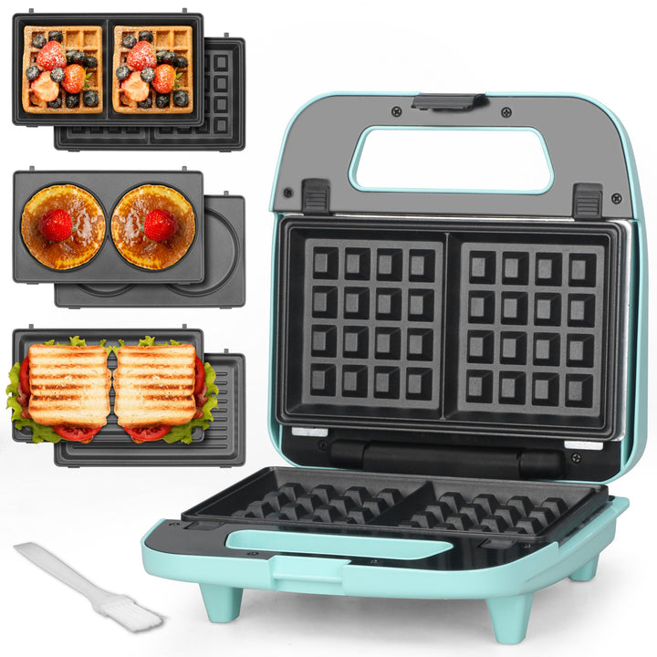 Baker’s Friend 3-in-1 mini waffle maker with removable plates for quick, clean swaps.