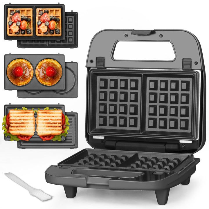 Baker's Friend 3-in-1 mini waffle maker with removable plates for easy cleanup.